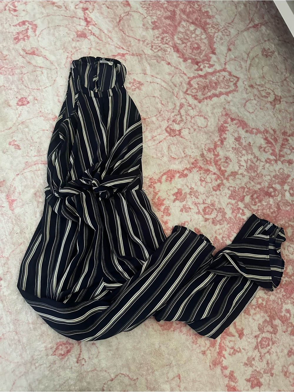 Sienna Sky Navy and Ivory Striped Strapless Jumpsuit with Tie Waist